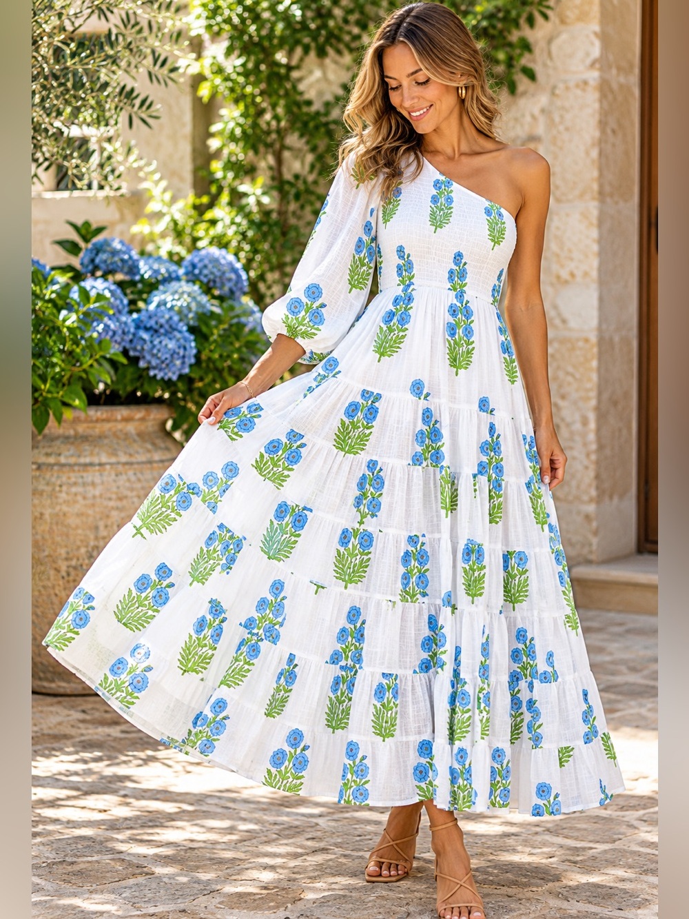 Sz BlockPrints Off Shoulder Smocked Maxi Dress 100% Cotton Lined Boho Medium